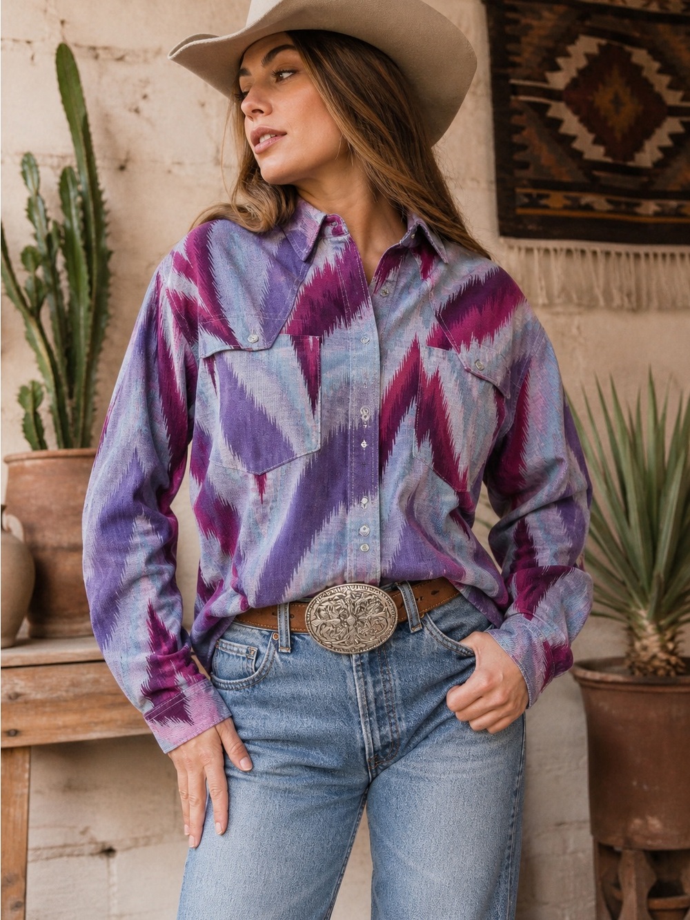 Vintage 90s Side Saddle Western Ikat Shirt Women’s Large Purple Pink Button-Up